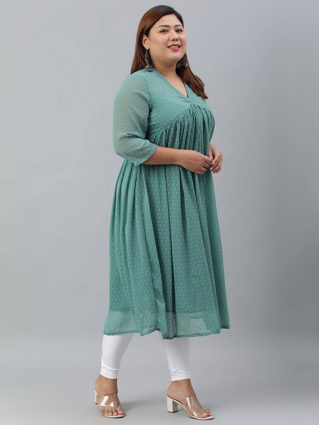 Plus Size Green Poly Chiffon Self Design Flared kurta