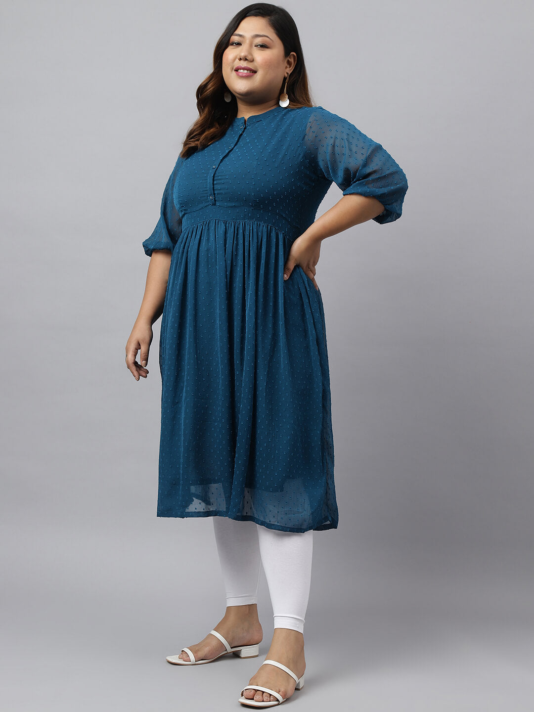 Women's Plus Size Teal Poly Chiffon Self Design Flared kurta