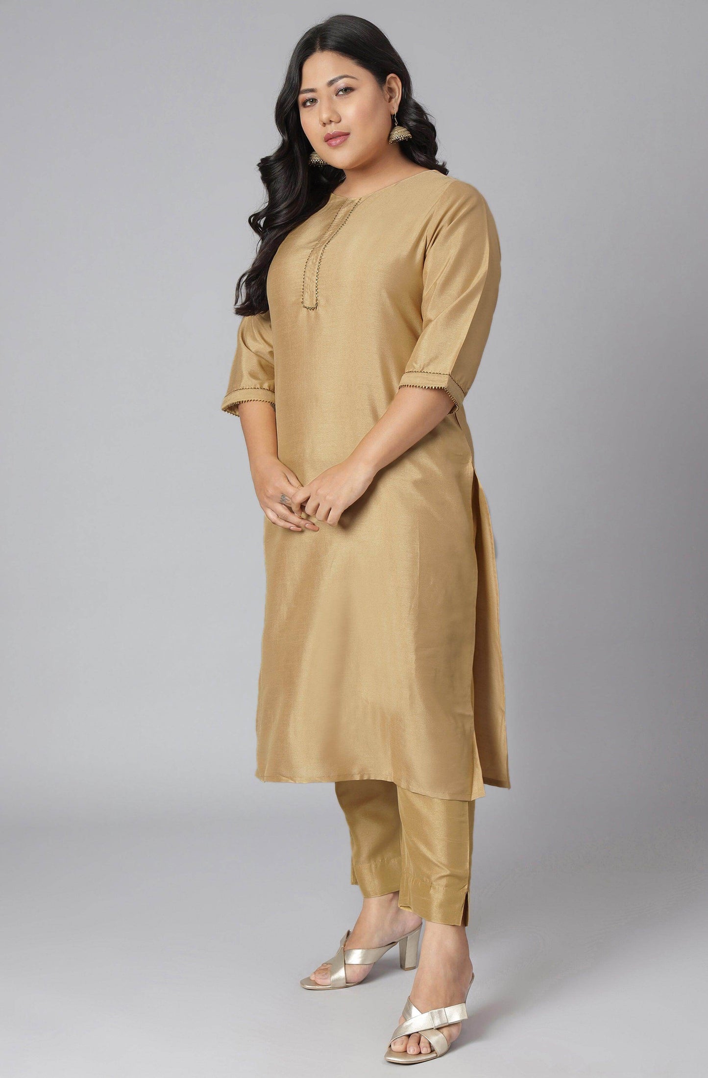 Plus Size Gold Poly Silk Kurta With Pant and Dupatta