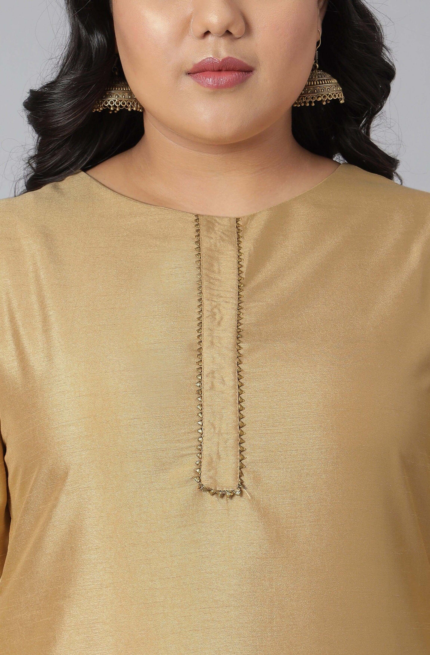 Plus Size Gold Poly Silk Kurta With Pant and Dupatta