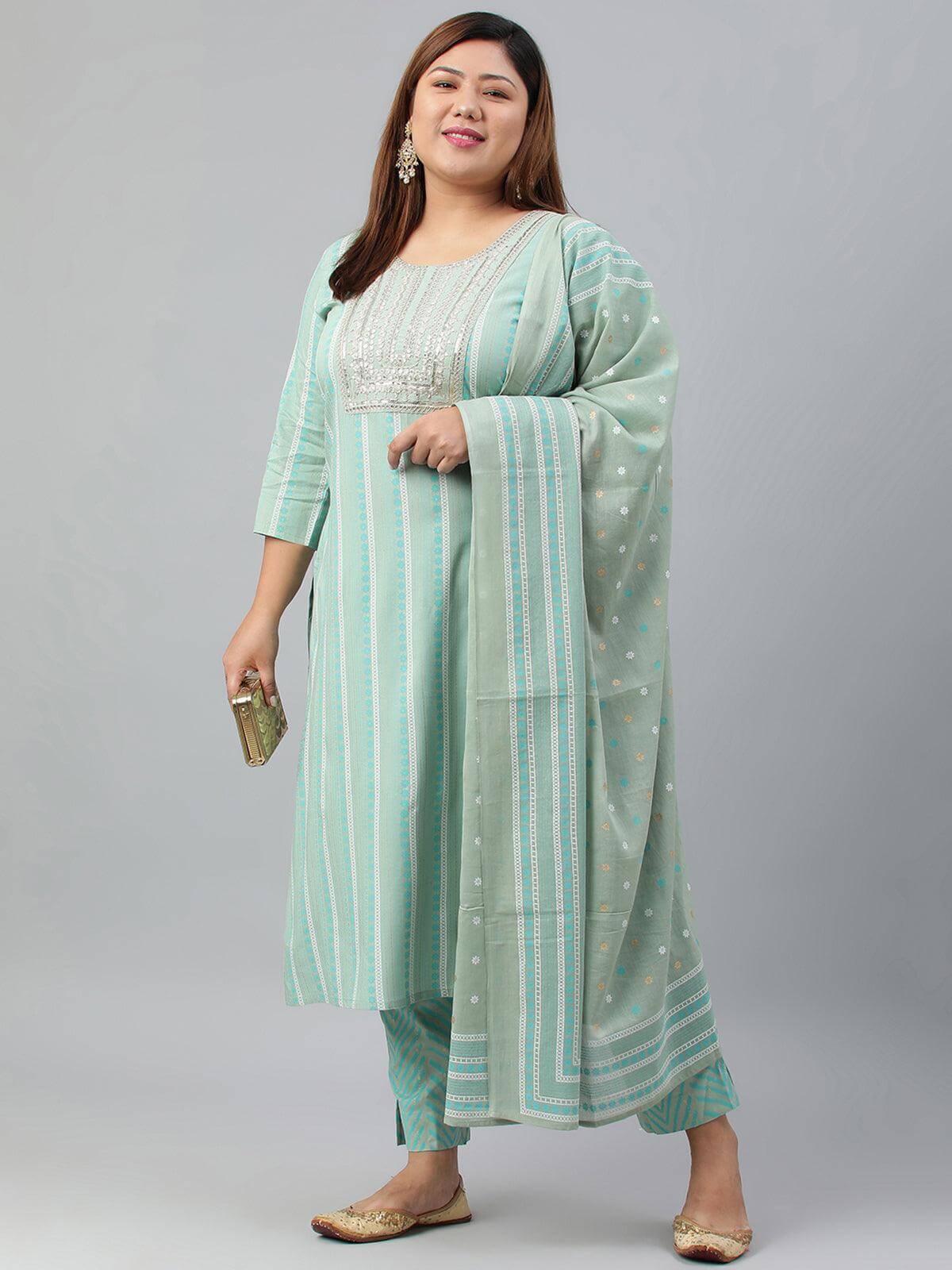Plus Size Mint Green Rayon Kurta With Pant and Dupatta