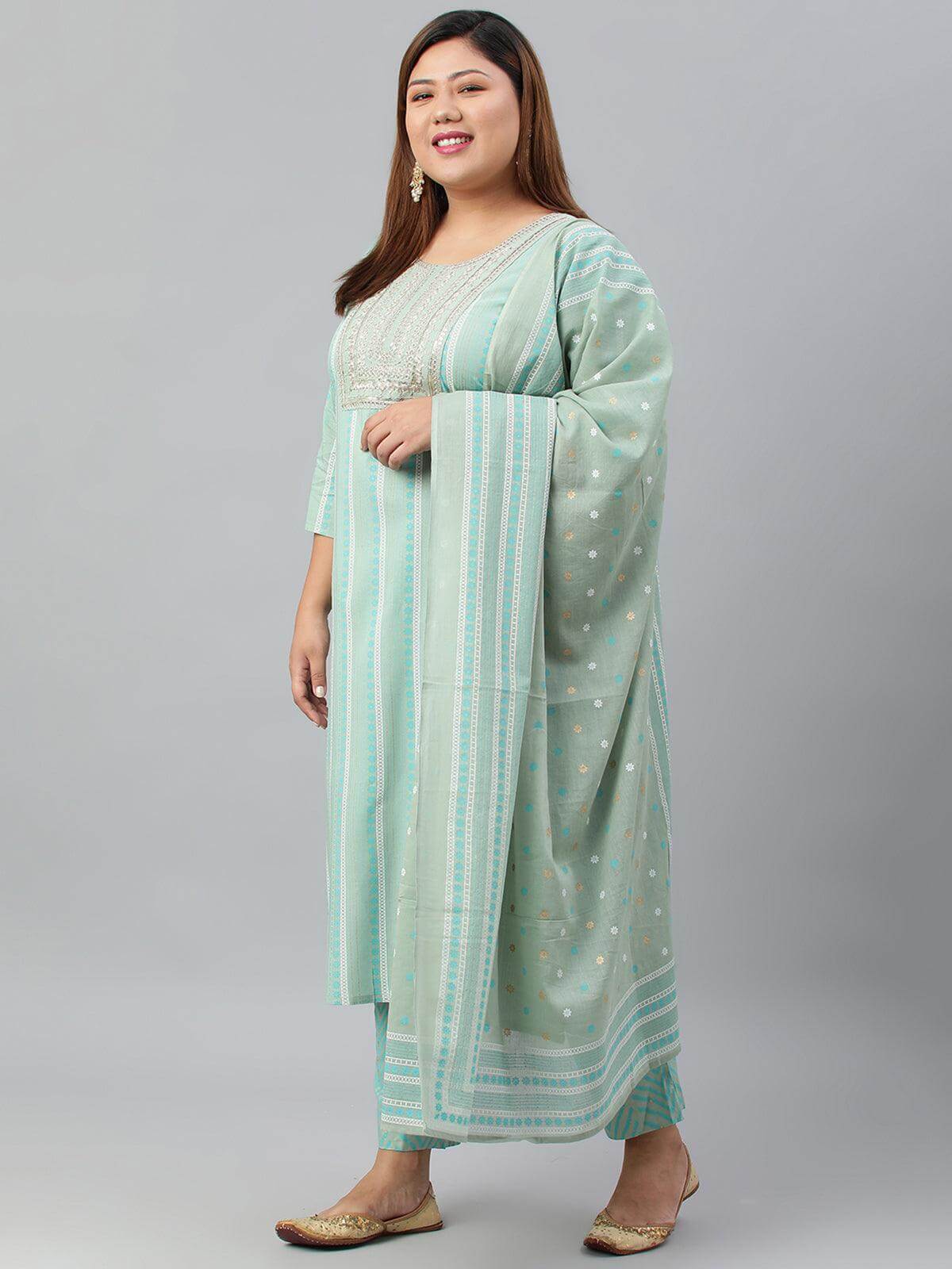Plus Size Mint Green Rayon Kurta With Pant and Dupatta
