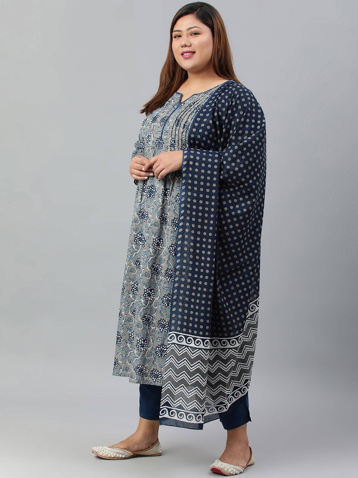 Plus Size Grey Cotton Kurta With Pant and Dupatta