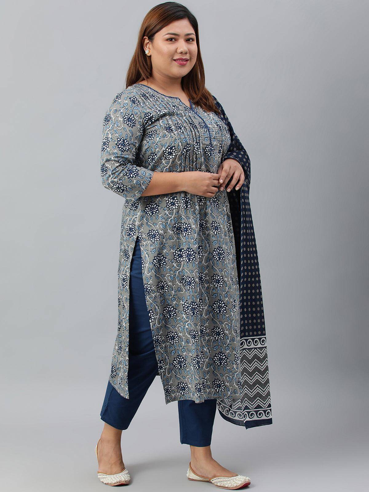 Plus Size Grey Cotton Kurta With Pant and Dupatta