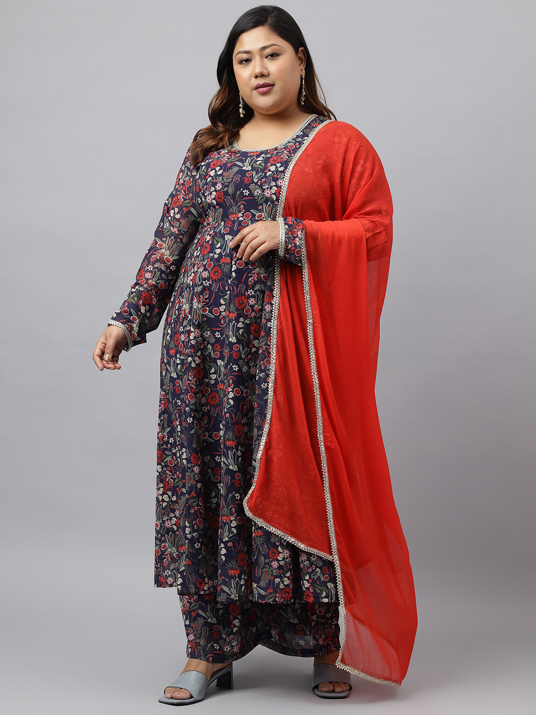 Plus Size Blue Printed Kurta Palazzo Set for Women