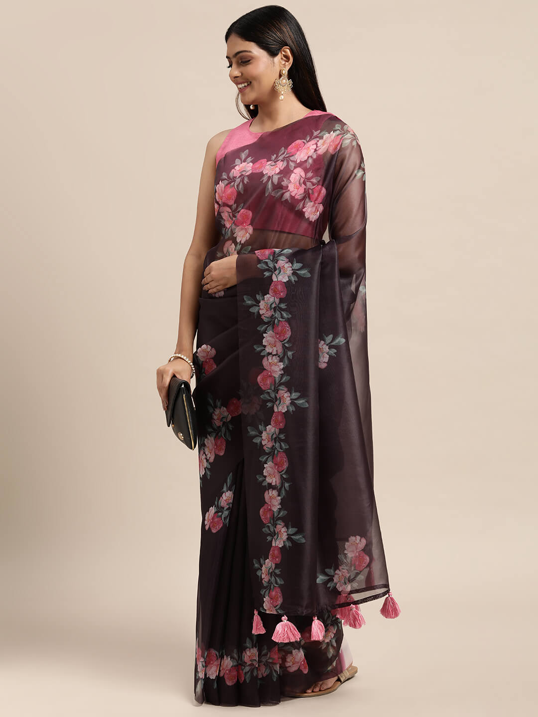 Janasya Women's Purple Organza Printed Saree with Blouse Piece