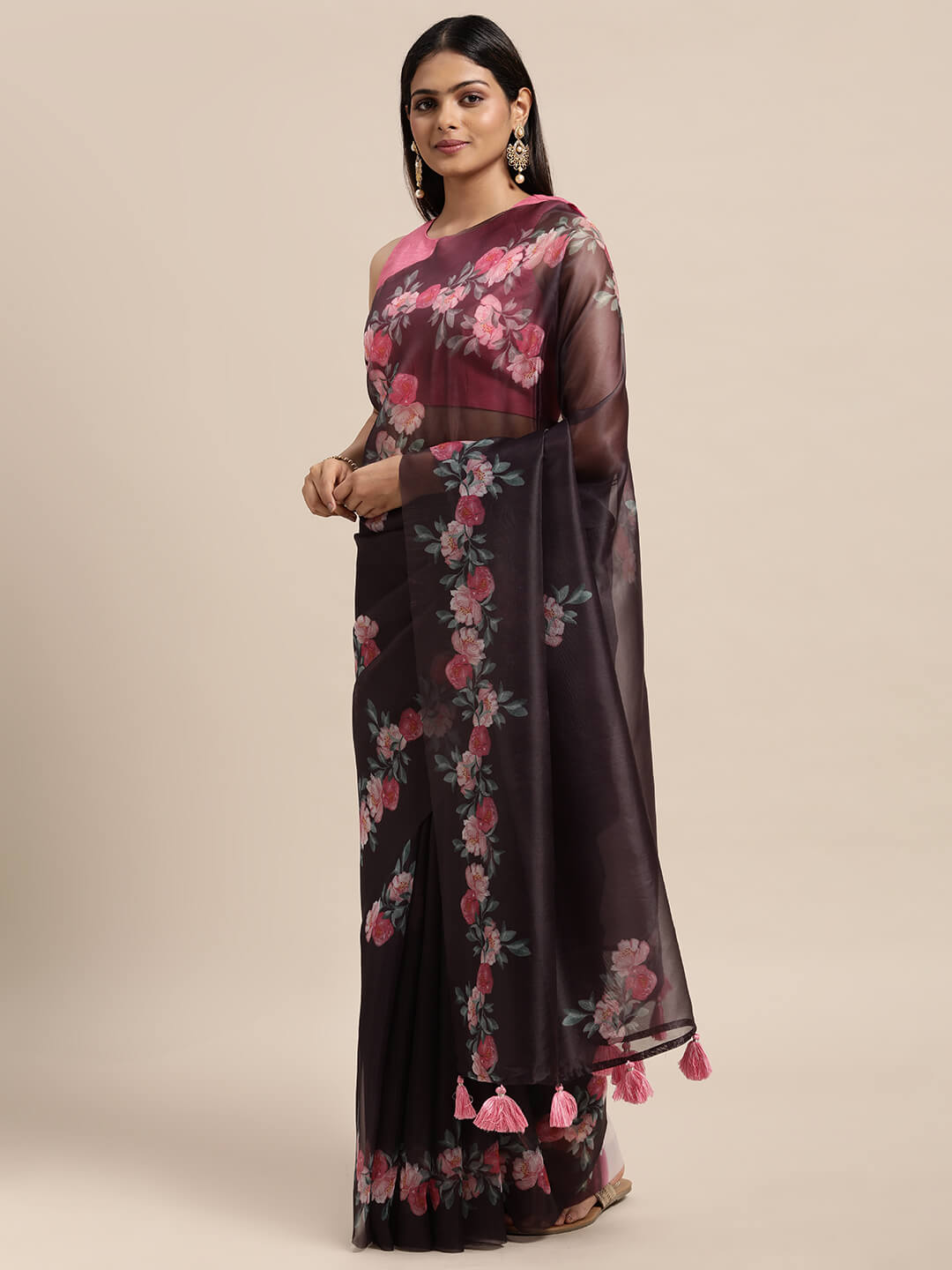 Janasya Women's Purple Organza Printed Saree with Blouse Piece