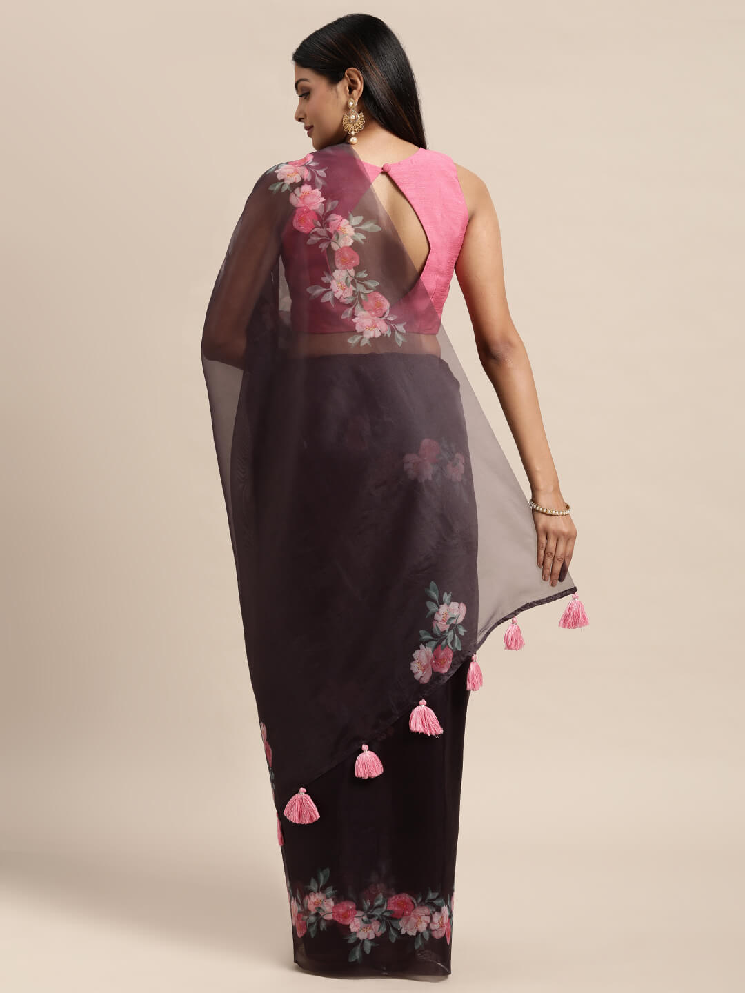 Janasya Women's Purple Organza Printed Saree with Blouse Piece