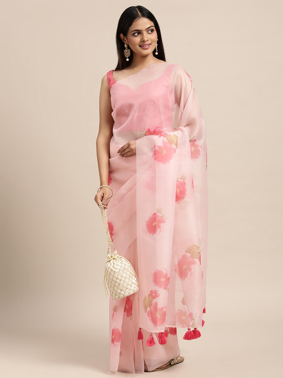 Janasya Women's Pink Organza Printed Saree with Blouse Piece