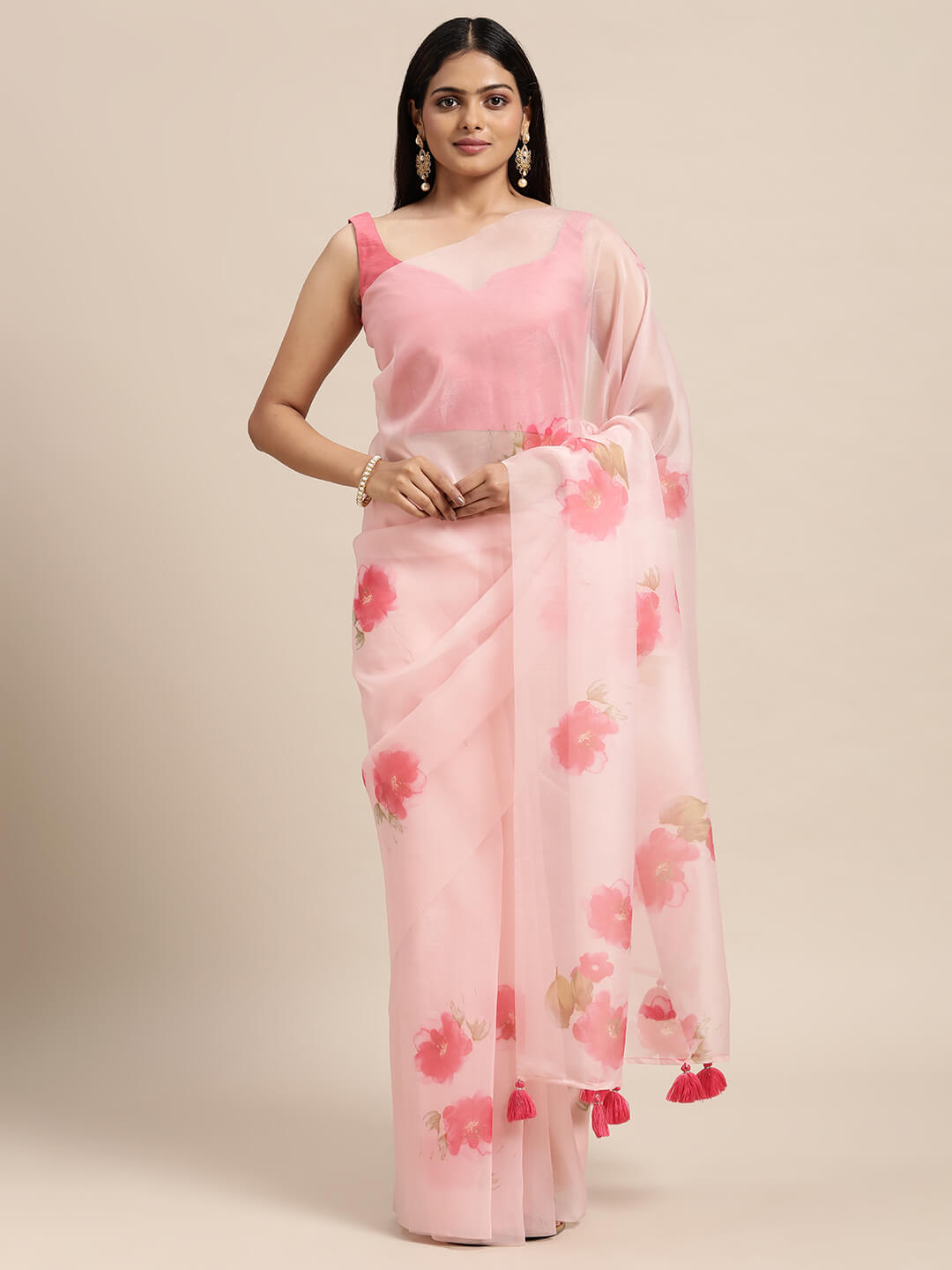 Janasya Women's Pink Organza Printed Saree with Blouse Piece