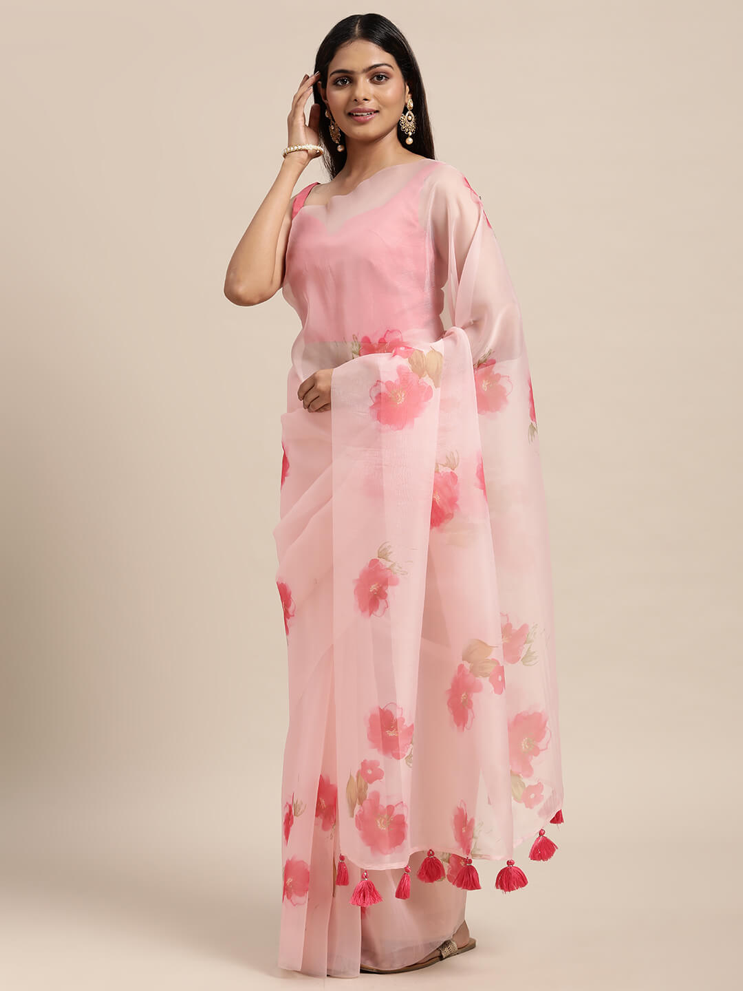 Janasya Women's Pink Organza Printed Saree with Blouse Piece