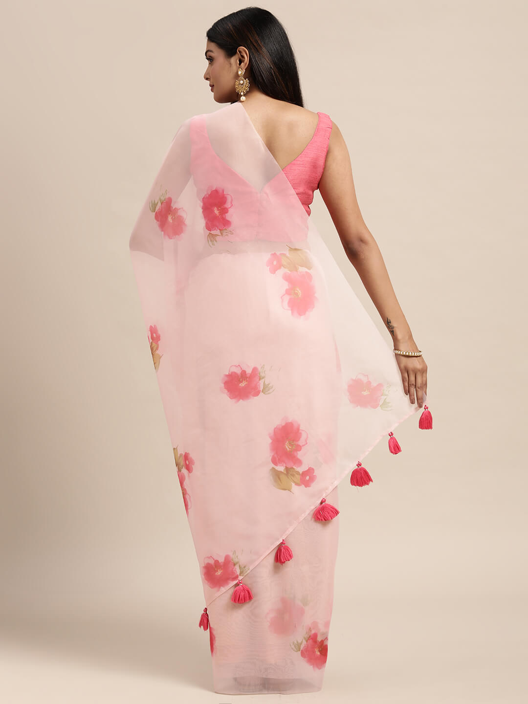 Janasya Women's Pink Organza Printed Saree with Blouse Piece