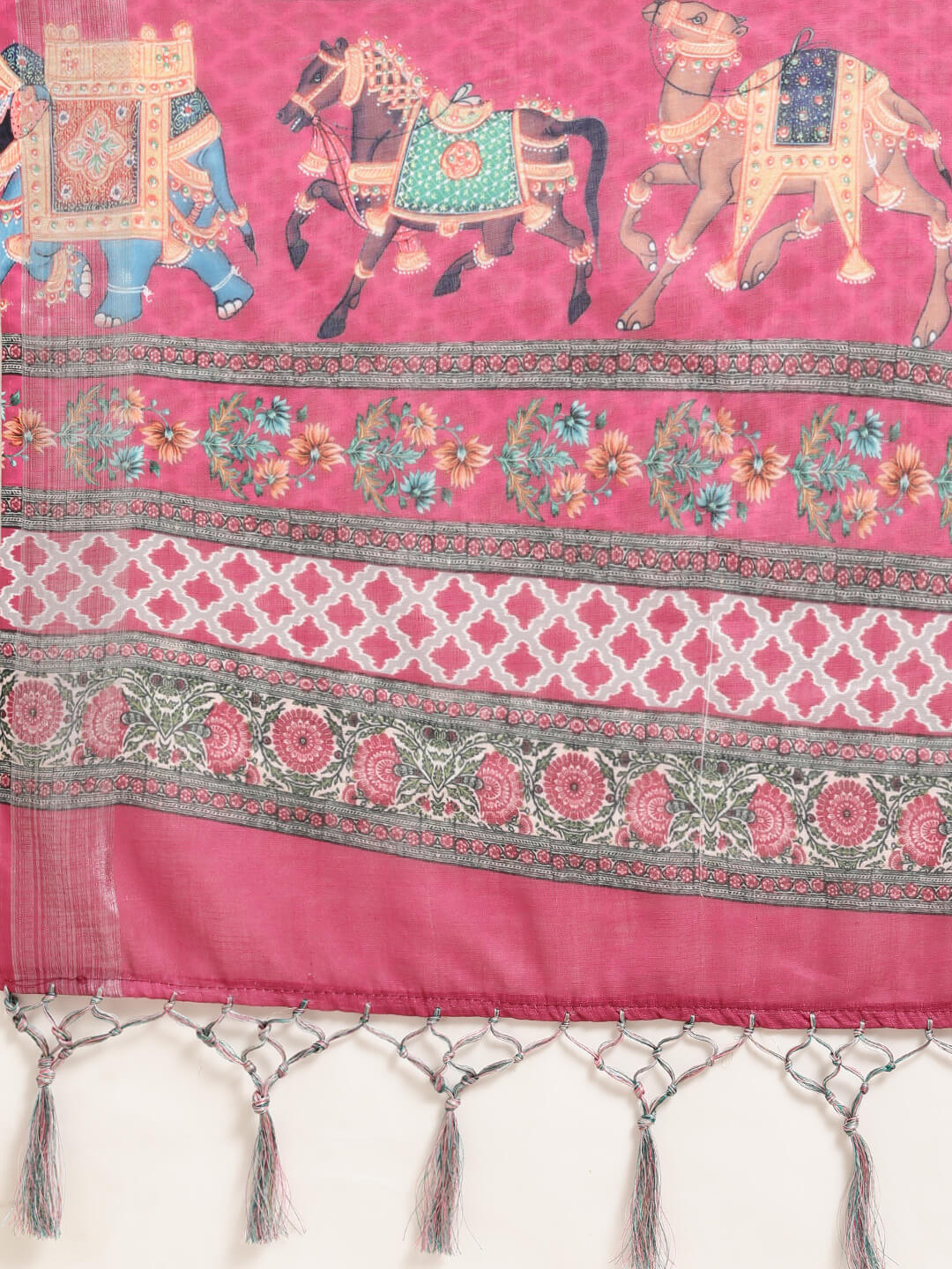 Janasya Women's Green Linen Blend Printed Saree with Blouse Piece