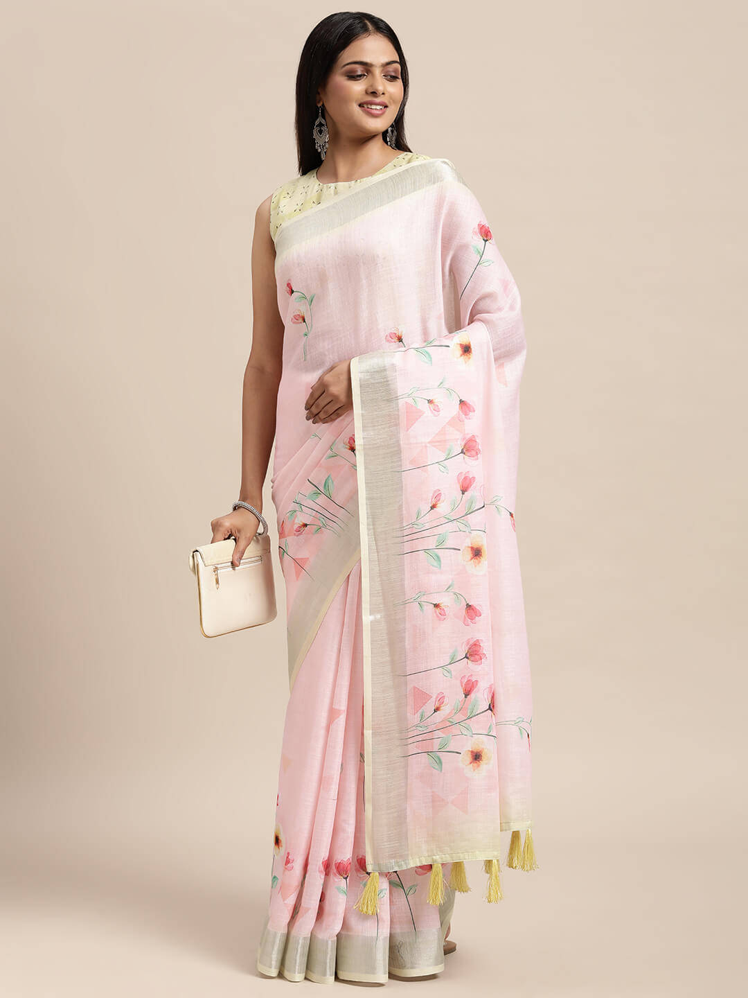 Janasya Women's Pink Linen Blend Printed Saree with Blouse Piece