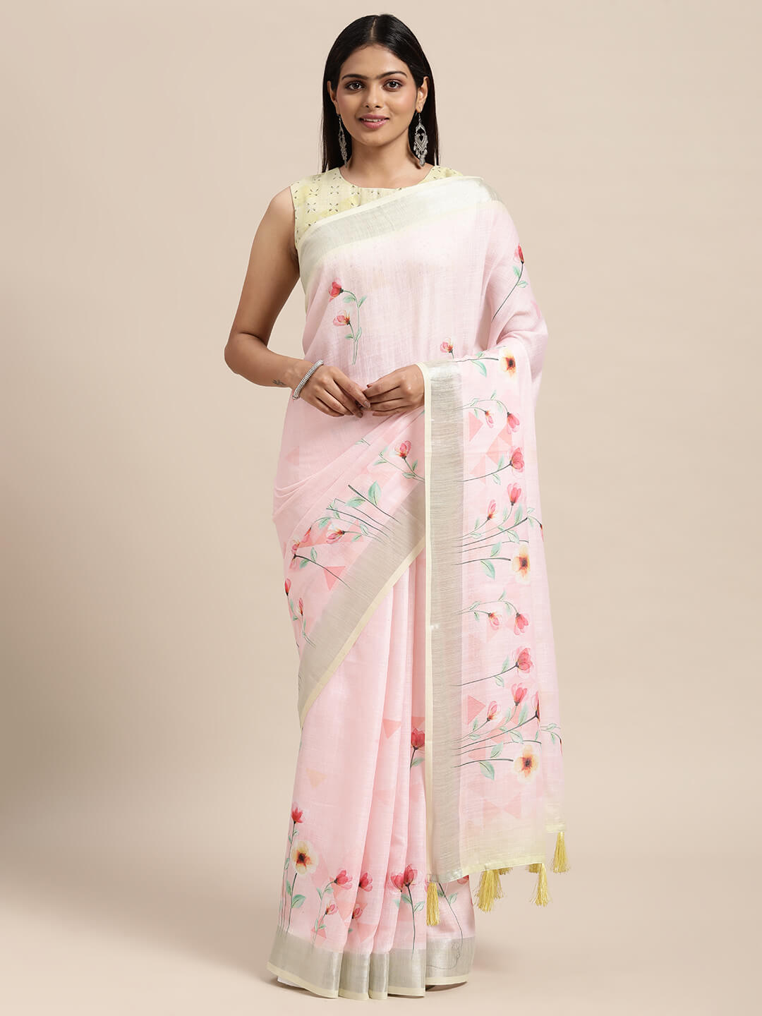 Janasya Women's Pink Linen Blend Printed Saree with Blouse Piece