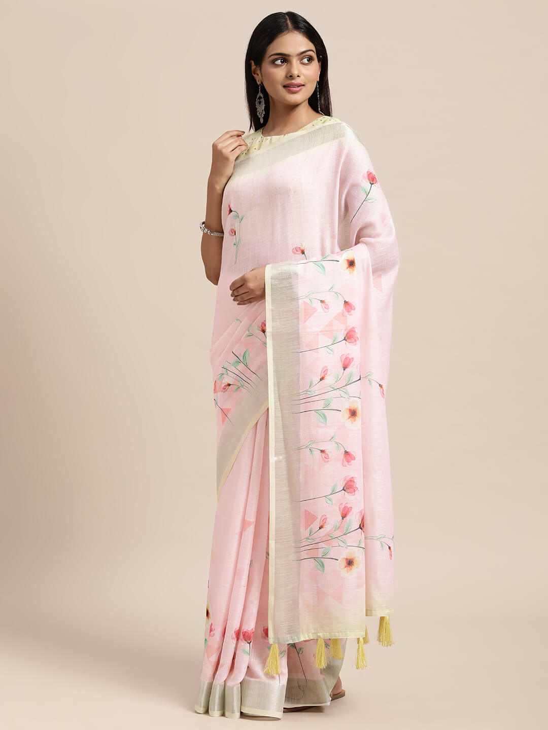 Janasya Women's Pink Linen Blend Printed Saree with Blouse Piece