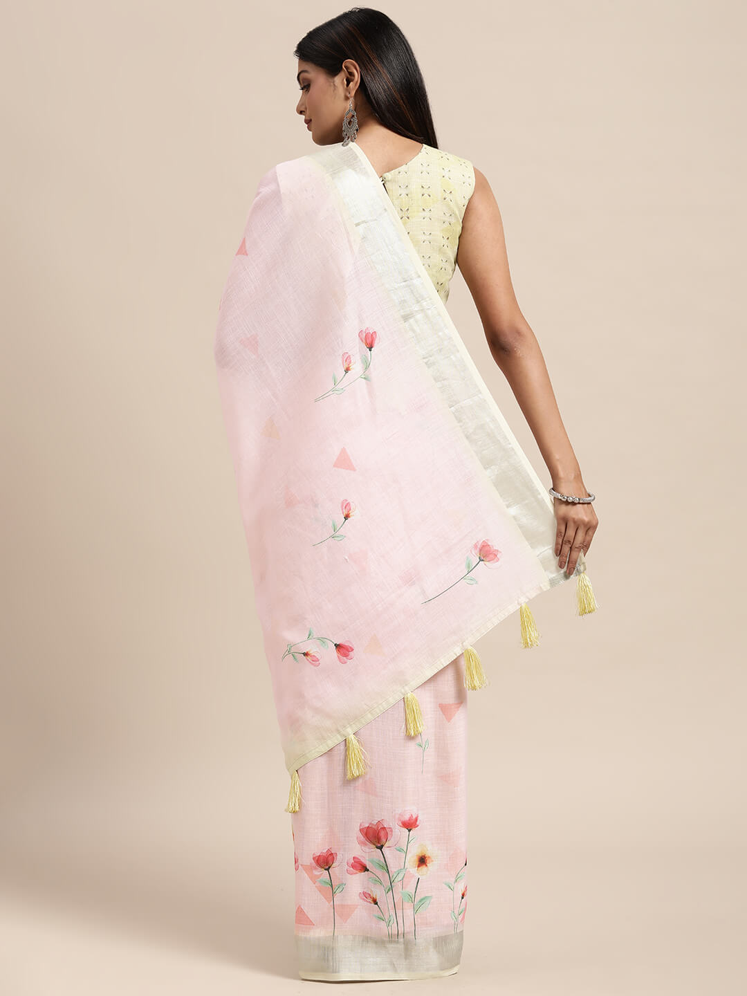 Janasya Women's Pink Linen Blend Printed Saree with Blouse Piece