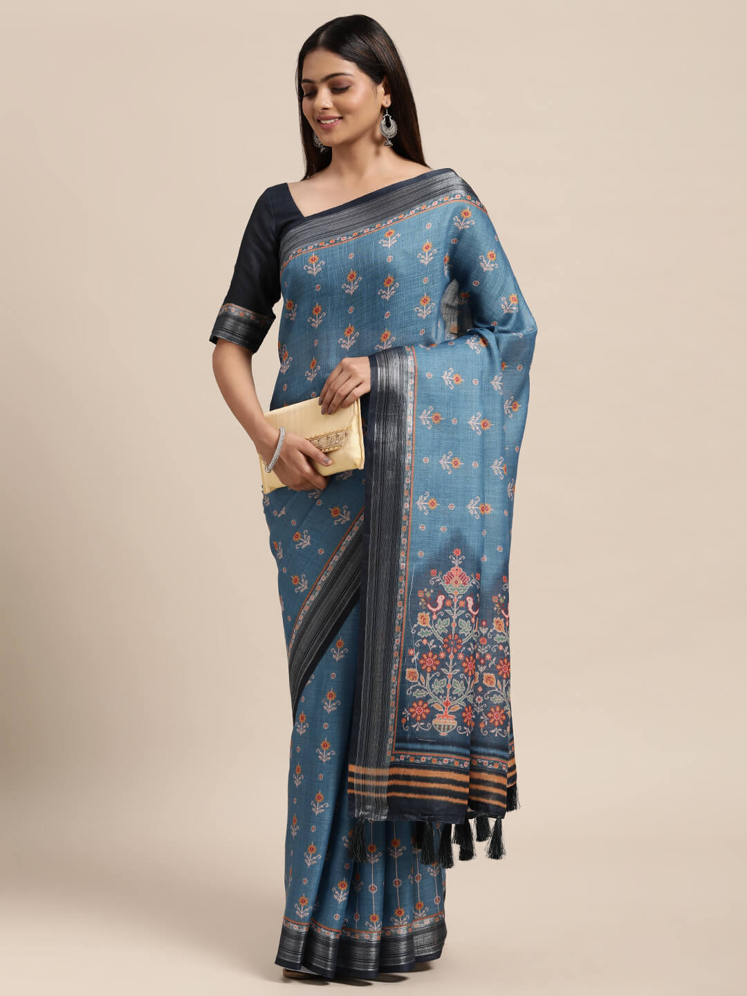 Janasya Women's Blue Linen Blend Printed Saree with Blouse Piece
