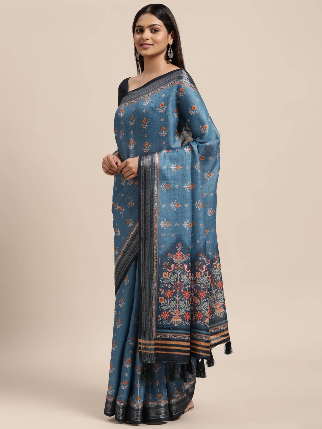 Janasya Women's Blue Linen Blend Printed Saree with Blouse Piece