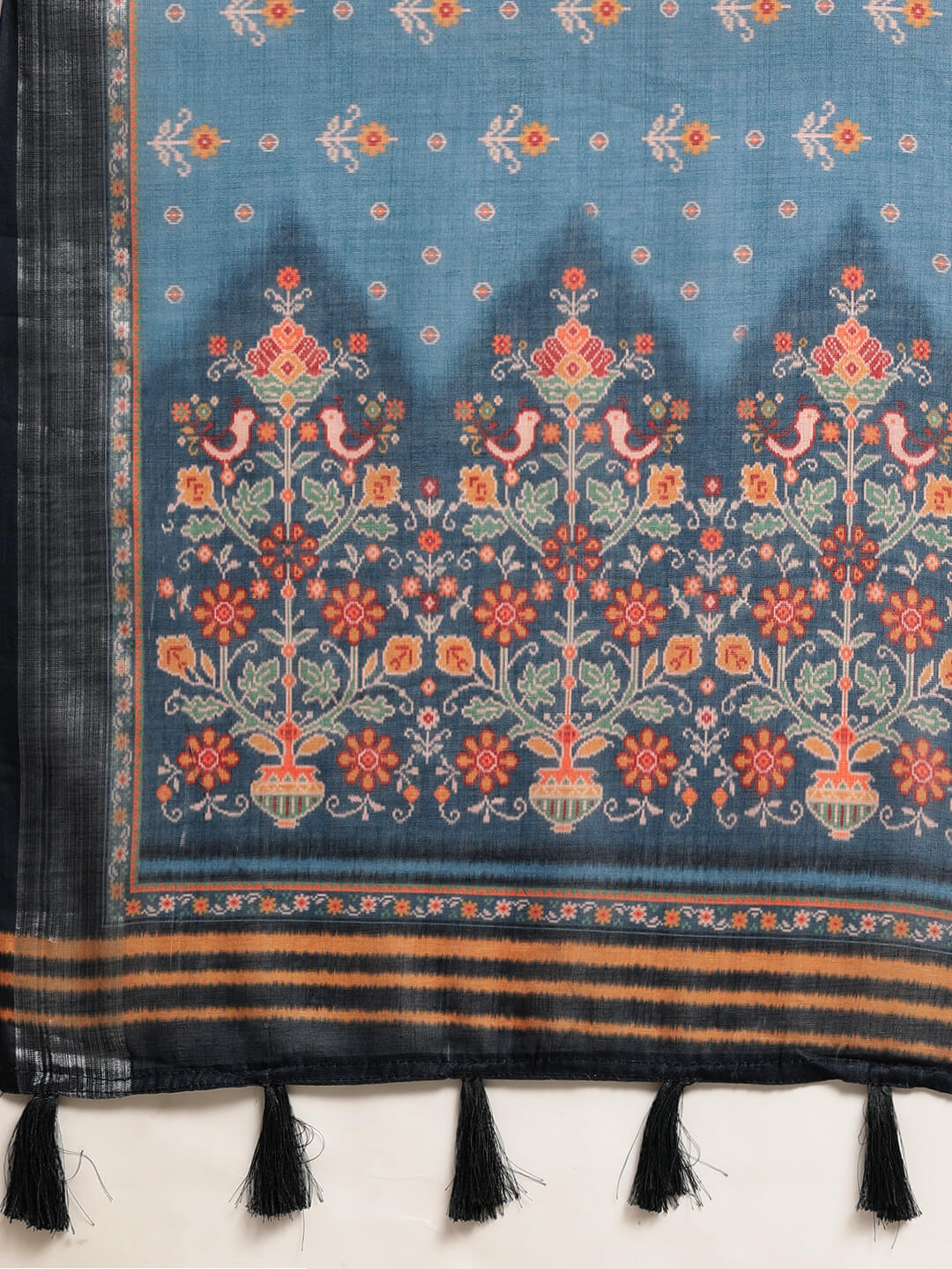 Janasya Women's Blue Linen Blend Printed Saree with Blouse Piece