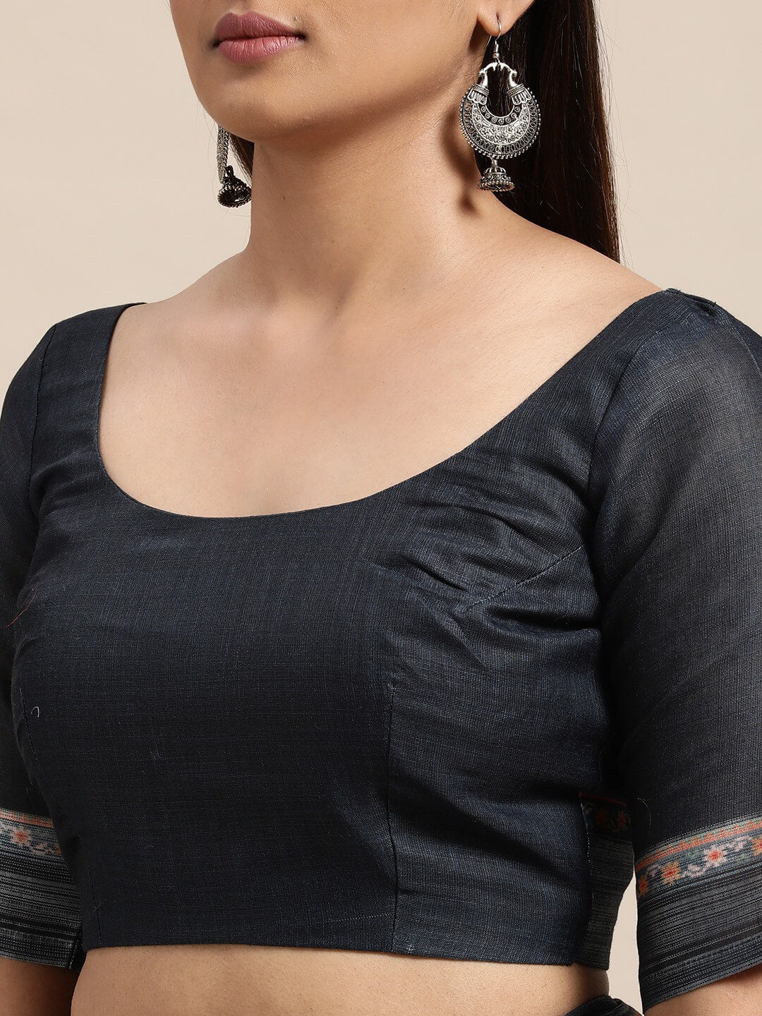 Janasya Women's Blue Linen Blend Printed Saree with Blouse Piece