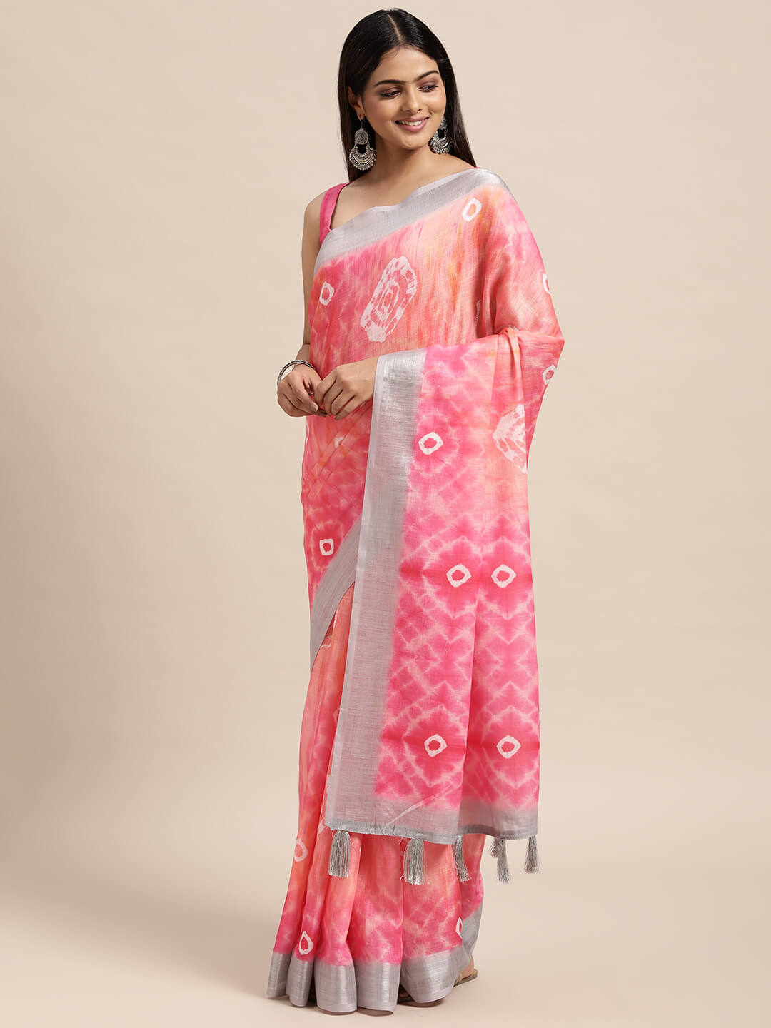 Janasya Women's Peach Linen Blend Printed Saree with Blouse Piece
