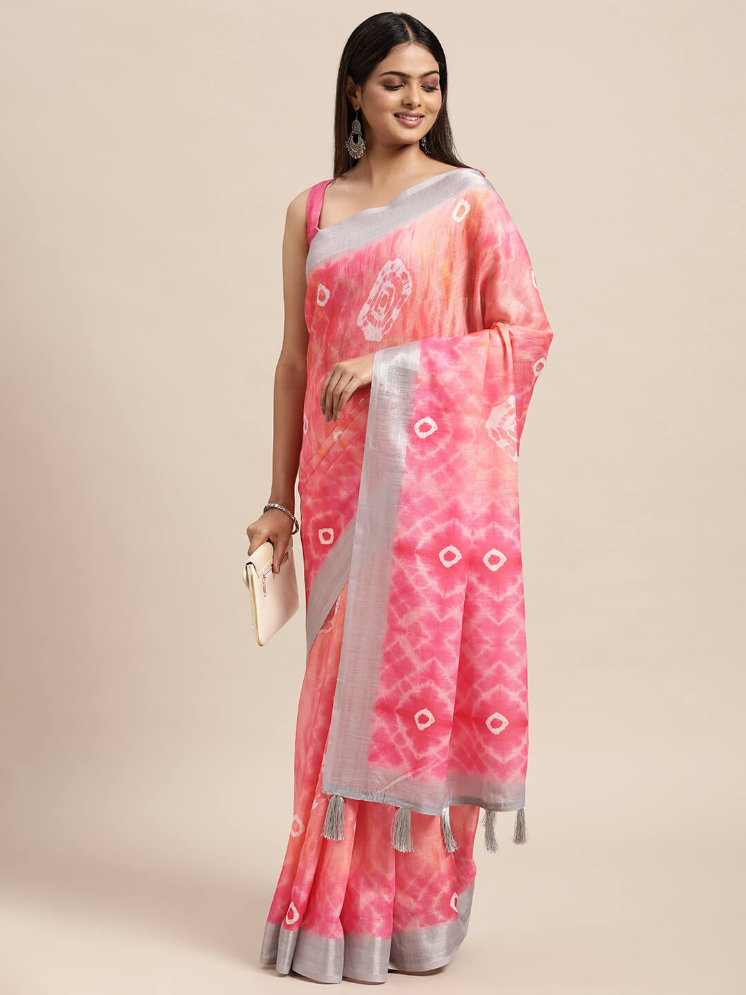 Janasya Women's Peach Linen Blend Printed Saree with Blouse Piece