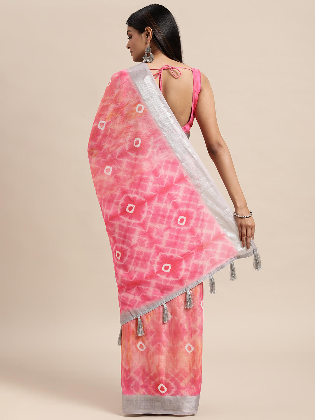 Janasya Women's Peach Linen Blend Printed Saree with Blouse Piece