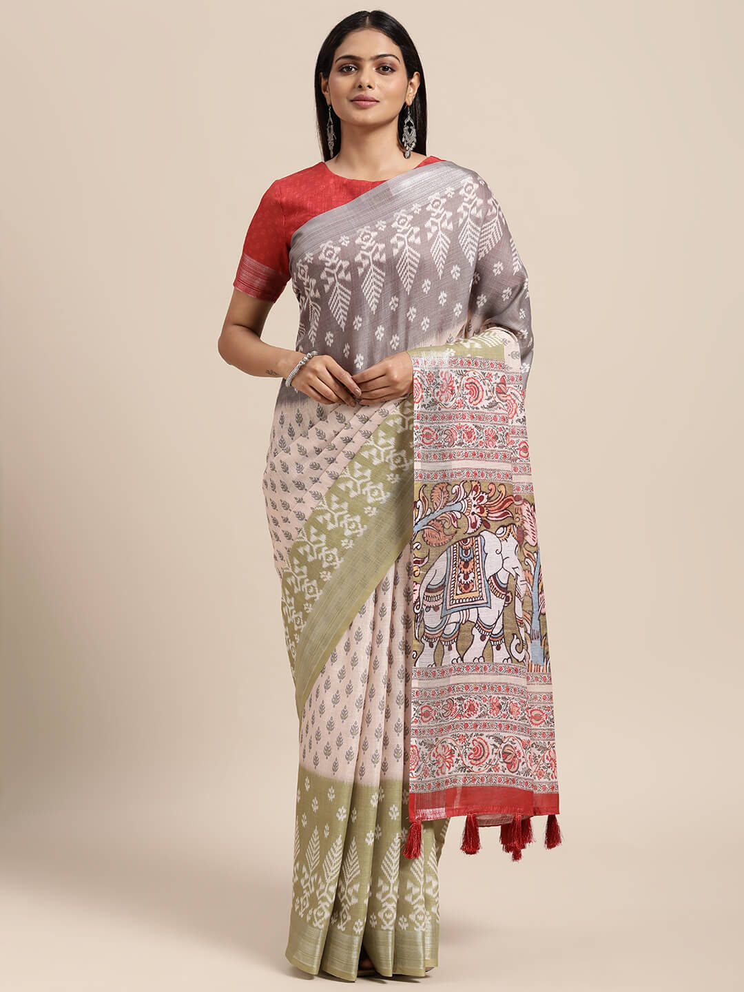 Janasya Women's Multicolor Linen Blend Printed Saree with Blouse Piece