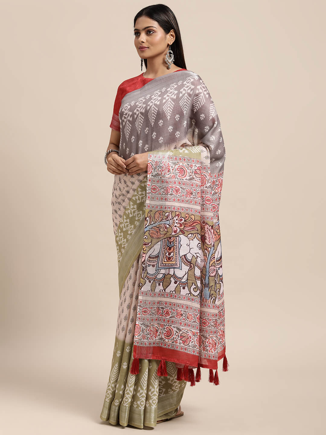 Janasya Women's Multicolor Linen Blend Printed Saree with Blouse Piece