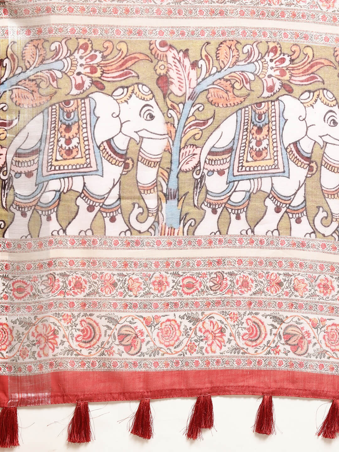 Janasya Women's Multicolor Linen Blend Printed Saree with Blouse Piece