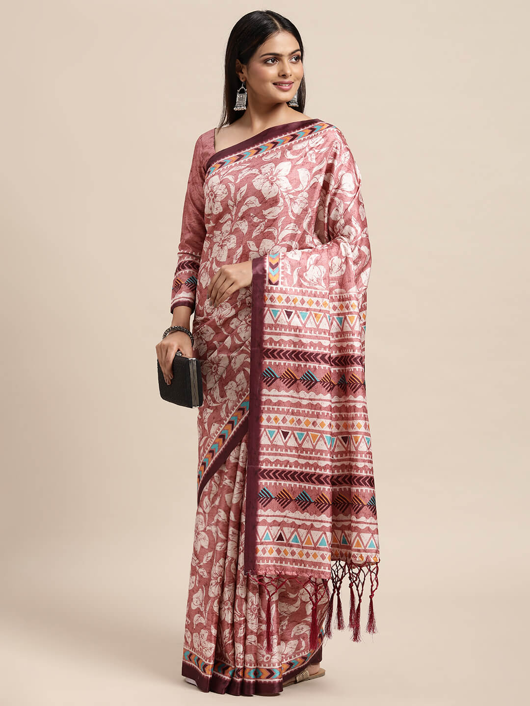 Janasya Women's Peach Satin Printed Saree with Blouse Piece
