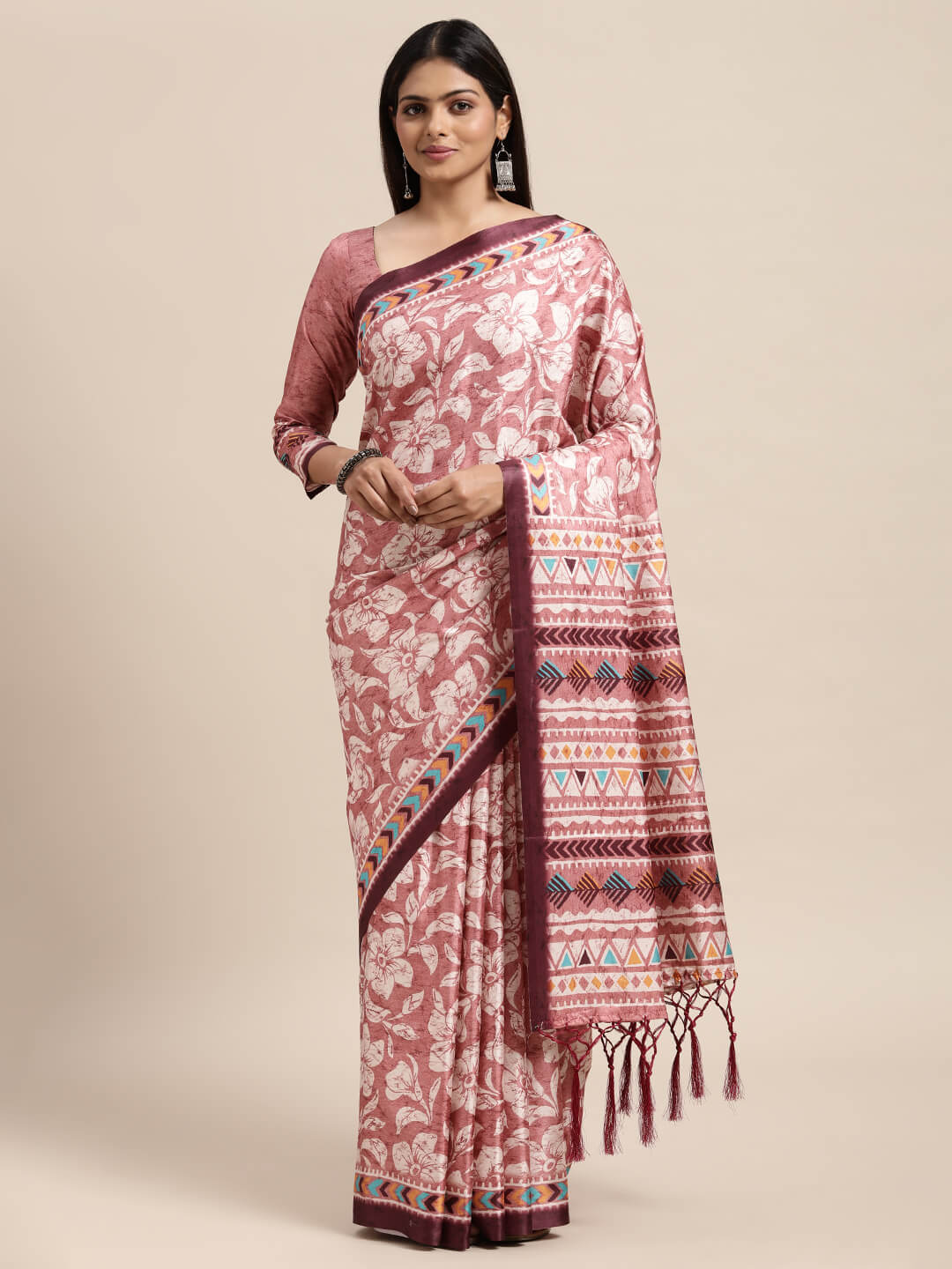 Janasya Women's Peach Satin Printed Saree with Blouse Piece