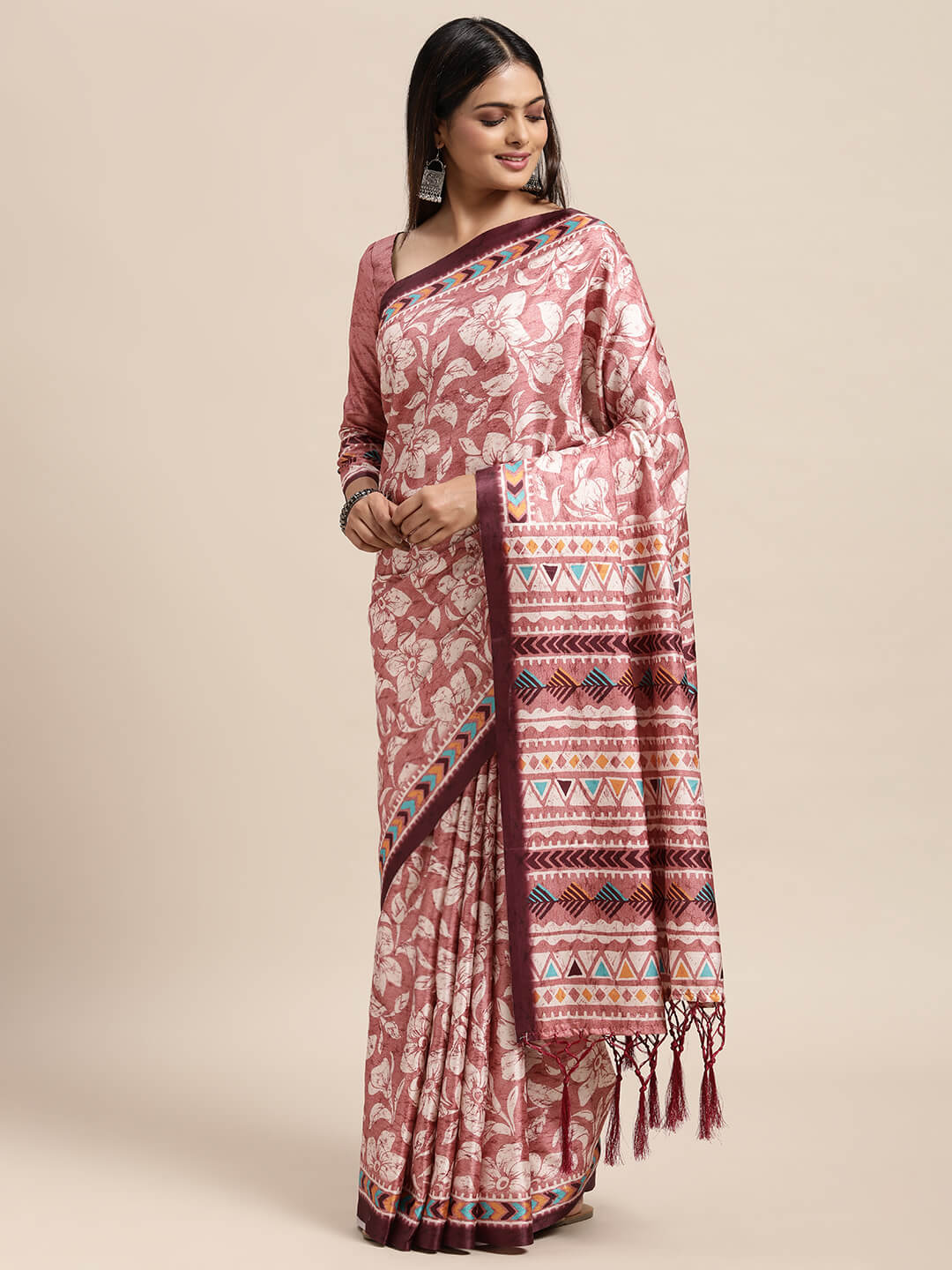 Janasya Women's Peach Satin Printed Saree with Blouse Piece