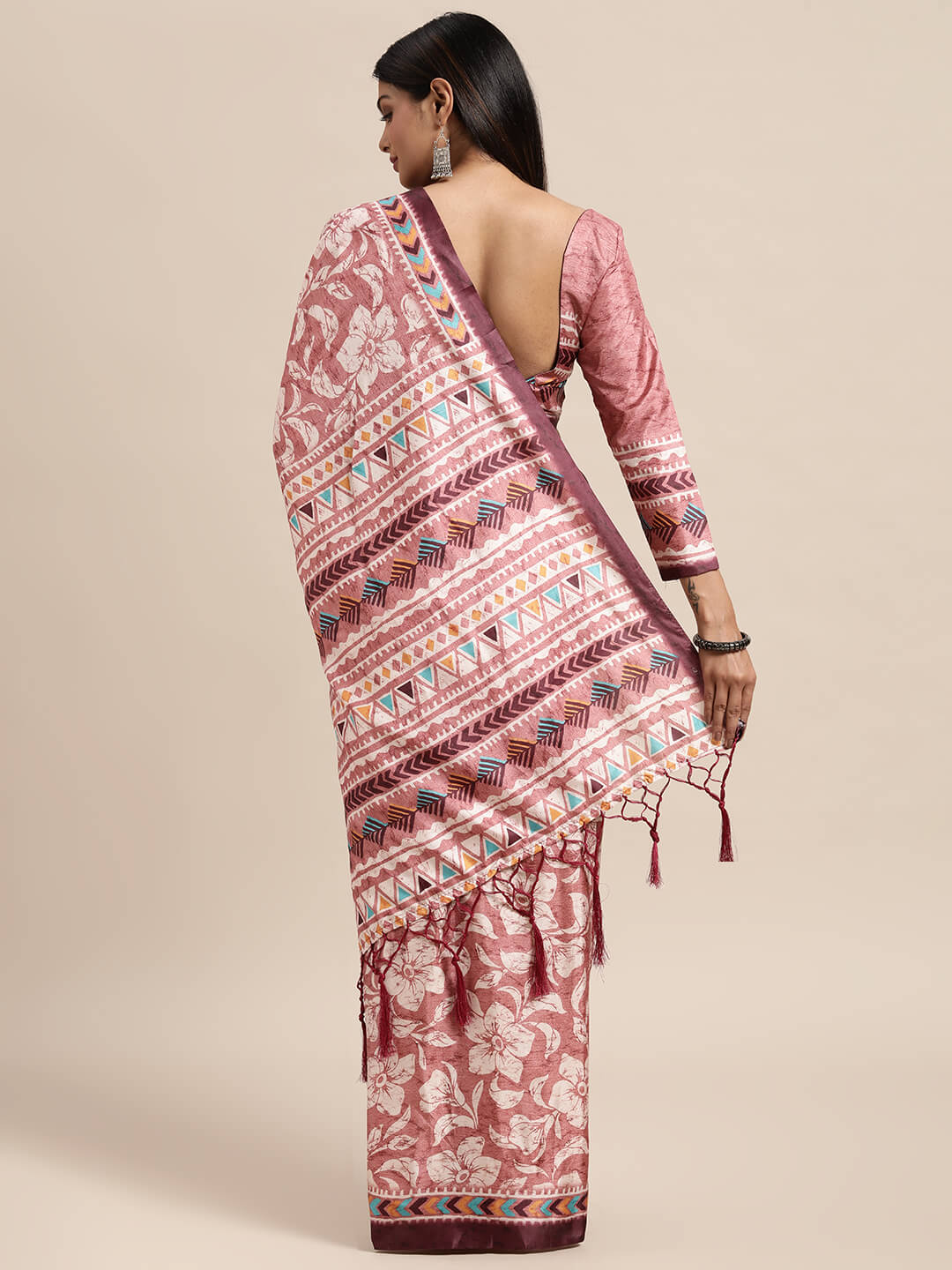 Janasya Women's Peach Satin Printed Saree with Blouse Piece