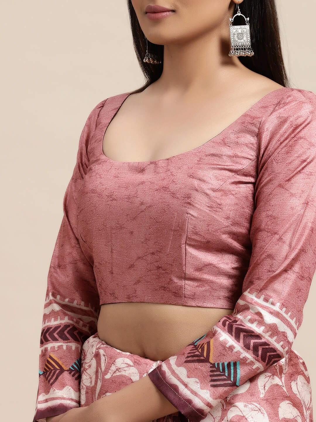 Janasya Women's Peach Satin Printed Saree with Blouse Piece