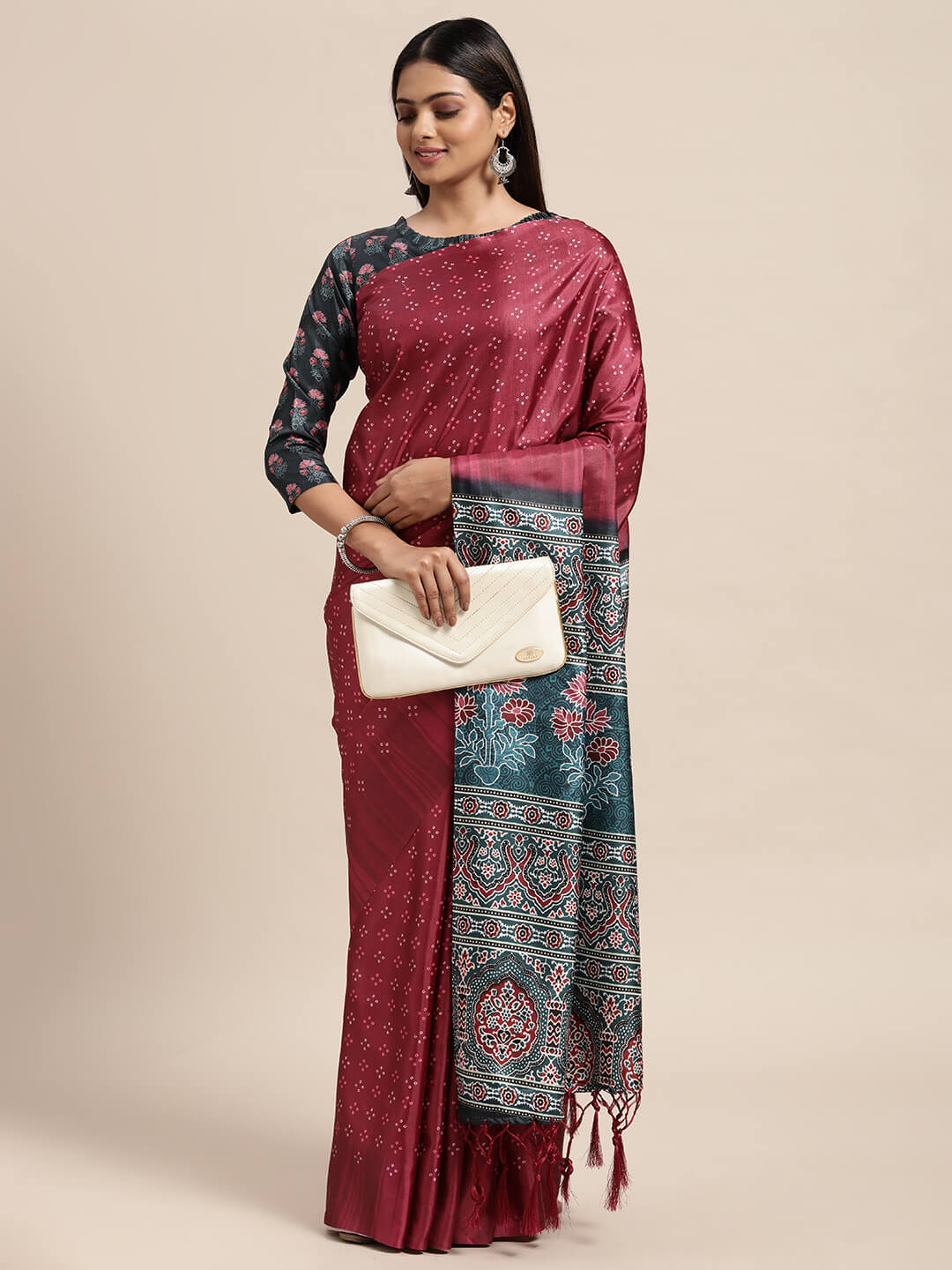 Janasya Women's Pink Satin Printed Saree with Blouse Piece