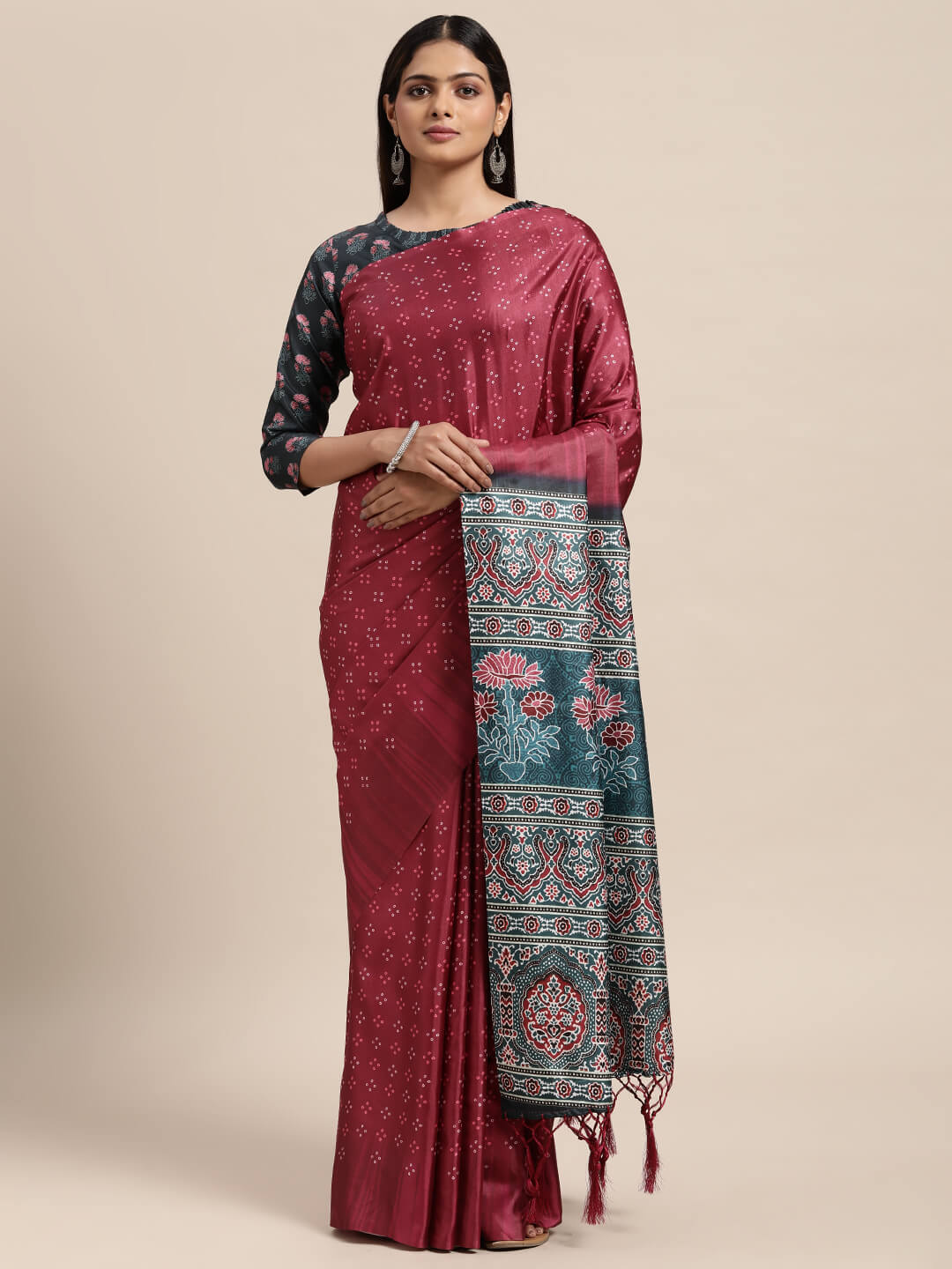 Janasya Women's Pink Satin Printed Saree with Blouse Piece