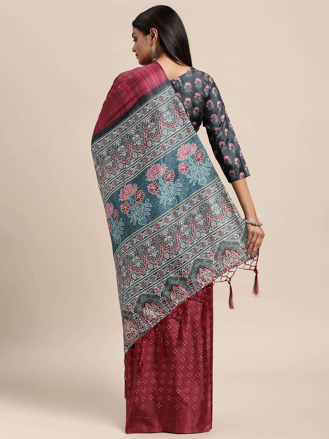Janasya Women's Pink Satin Printed Saree with Blouse Piece