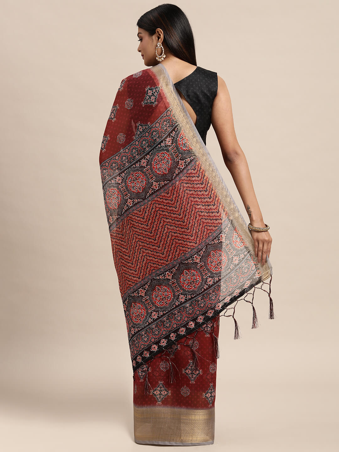 Janasya Women's Maroon Chanderi Silk Printed Saree with Blouse Piece