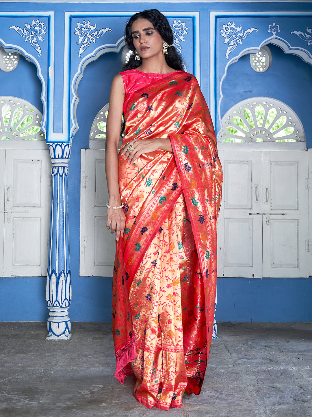 Pink Paithani Silk Woven Ethnic Motifs Saree with Unstitched Blouse Piece