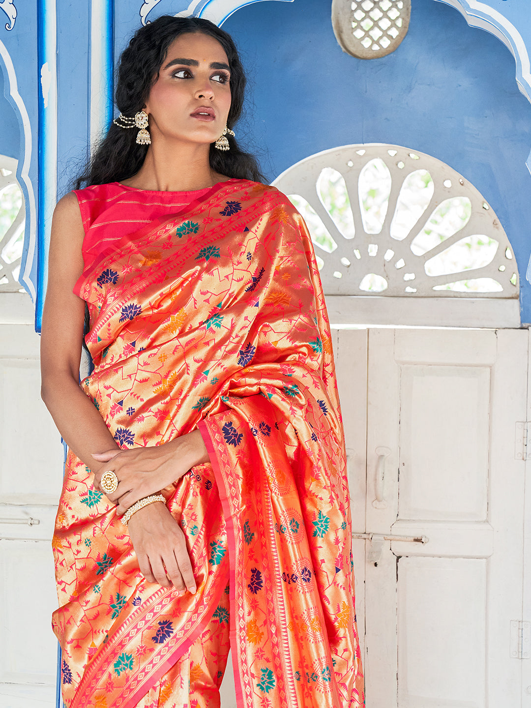 Pink Paithani Silk Woven Ethnic Motifs Saree with Unstitched Blouse Piece