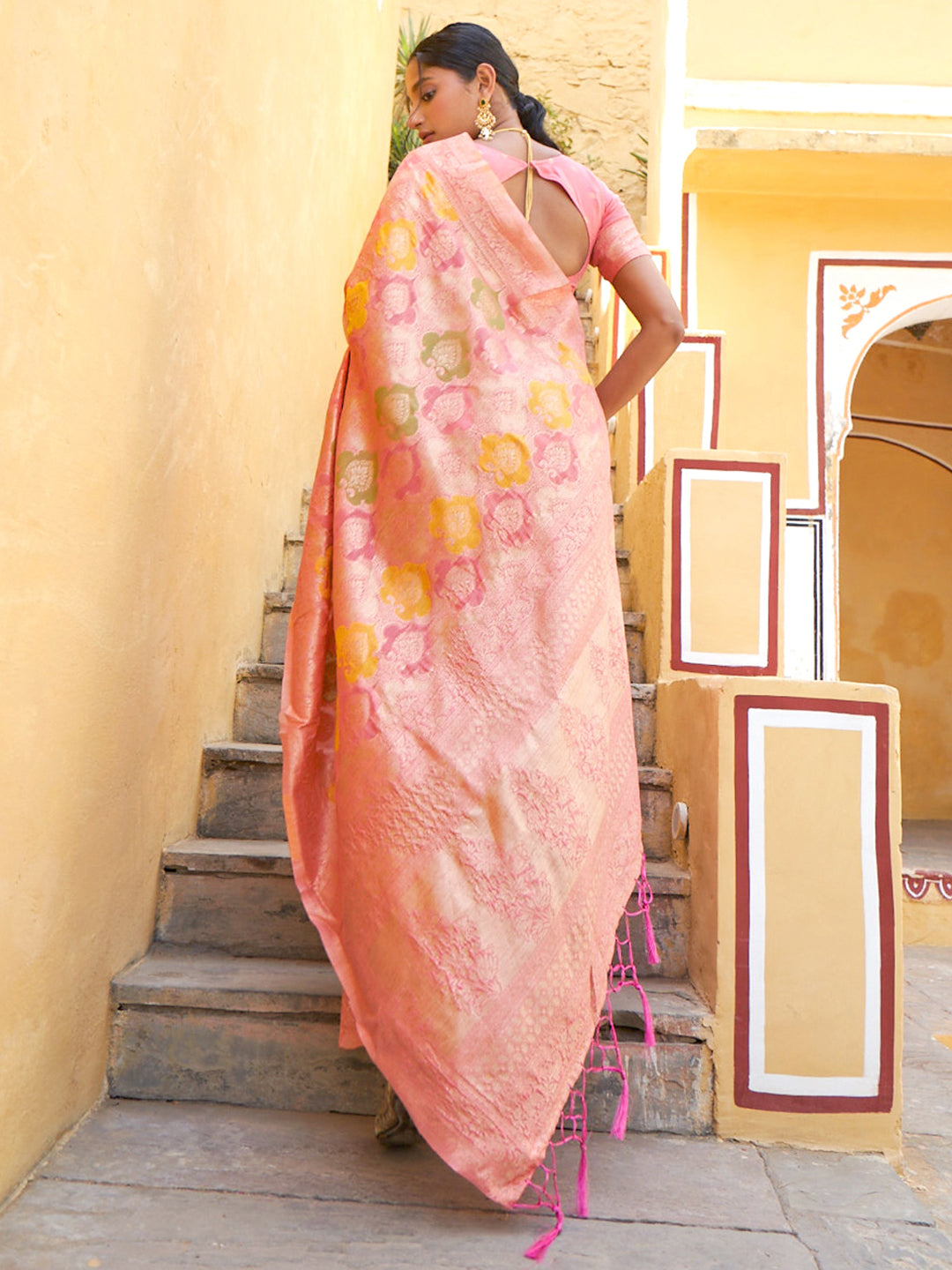 Light Pink Chanderi Silk Ethnic Motifs Saree with Unstitched Blouse Piece