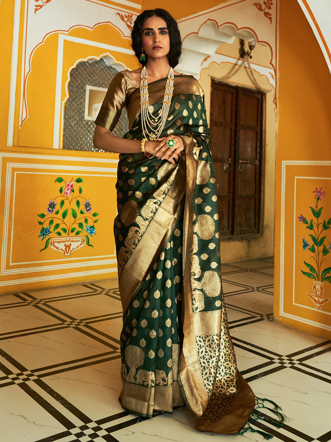 Dark Green Organza Woven Ethnic Motifs Saree with Unstitched Blouse Piece
