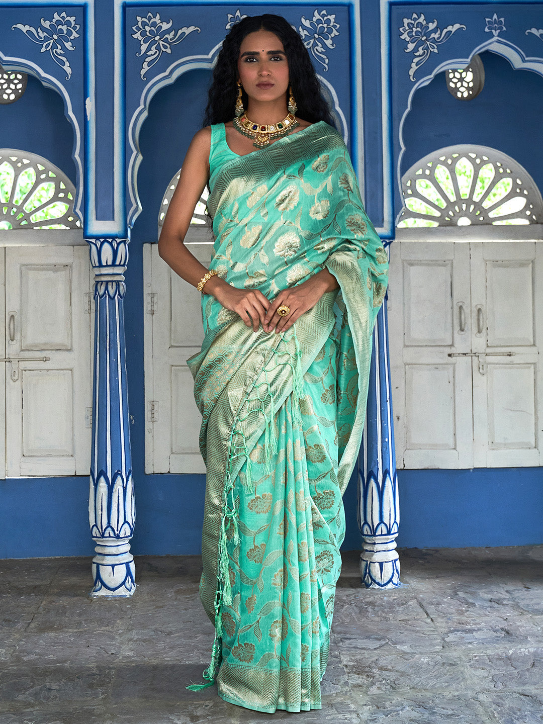Sea Green Chanderi Silk Floral Saree with Unstitched Blouse Piece