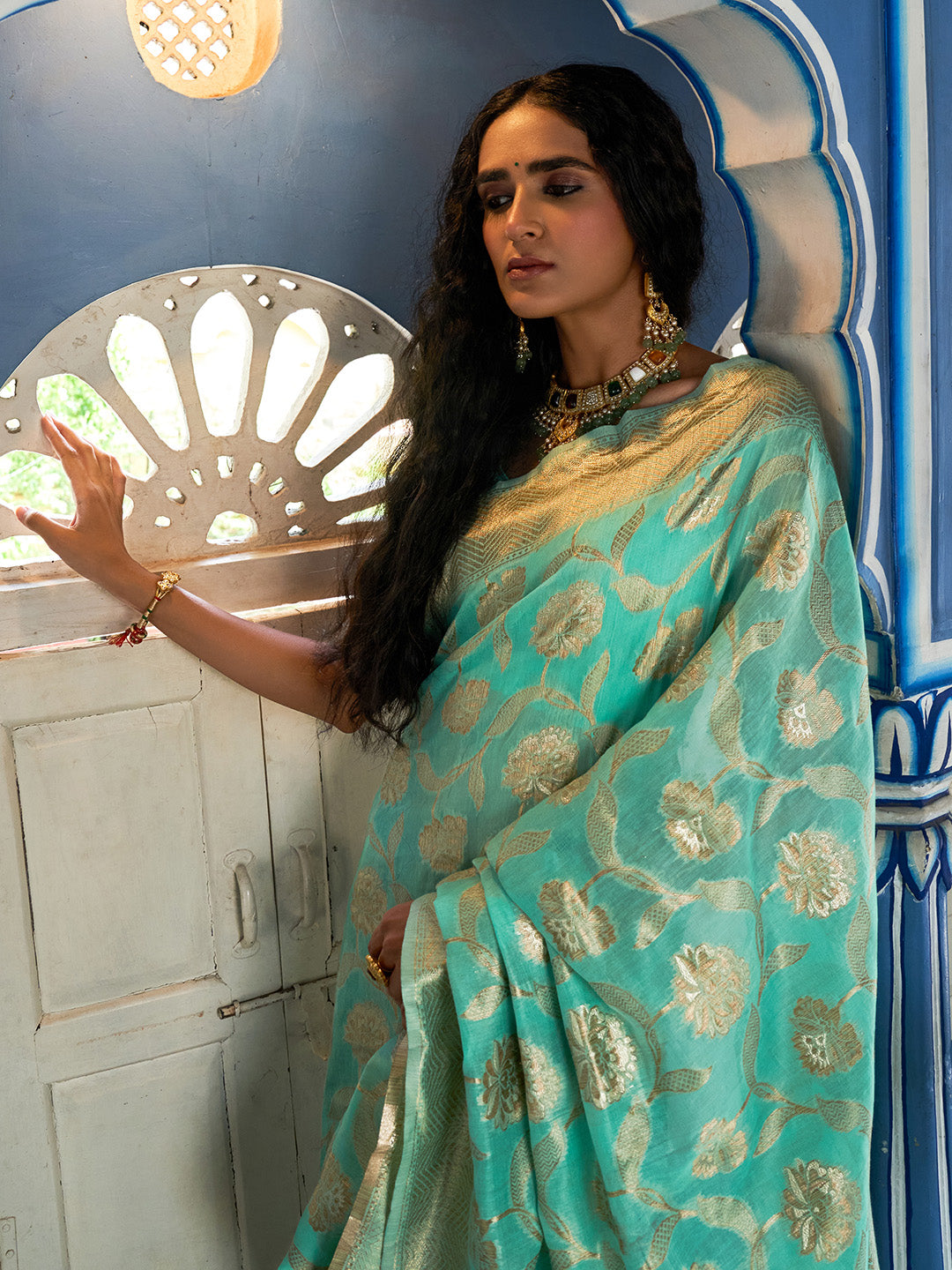 Sea Green Chanderi Silk Floral Saree with Unstitched Blouse Piece