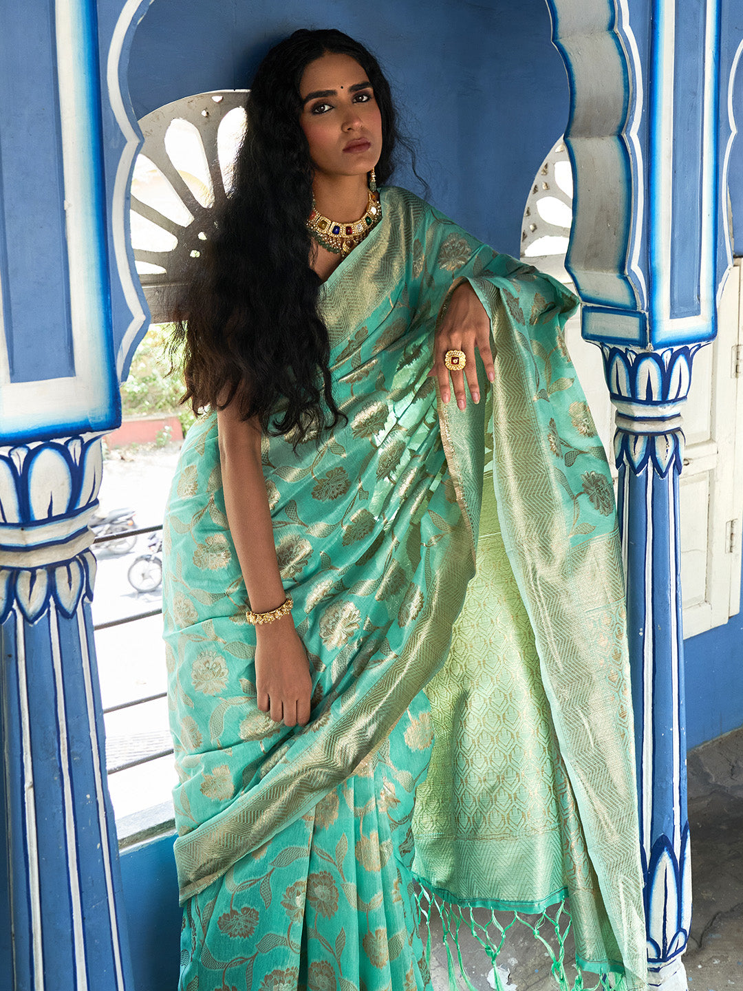 Sea Green Chanderi Silk Floral Saree with Unstitched Blouse Piece
