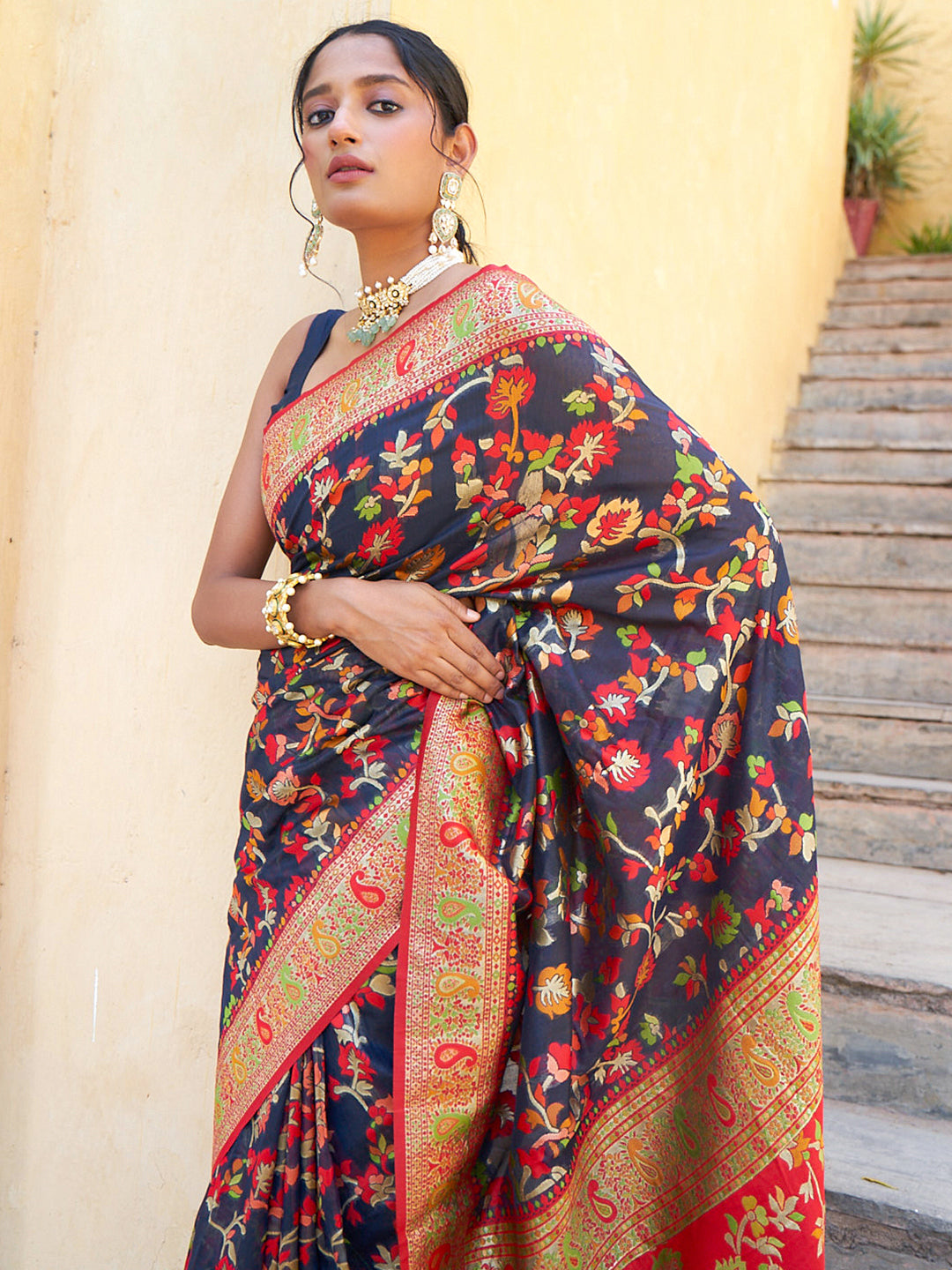 Navy Blue Chanderi Silk Pashmina Saree with Unstitched Blouse Piece