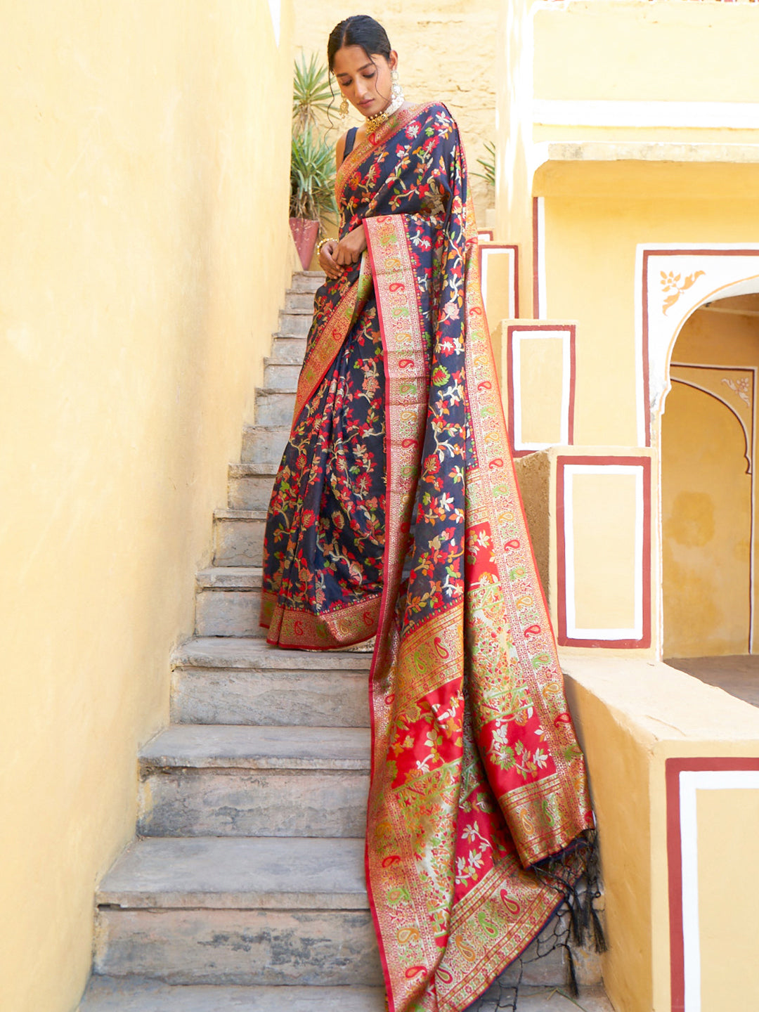 Navy Blue Chanderi Silk Pashmina Saree with Unstitched Blouse Piece