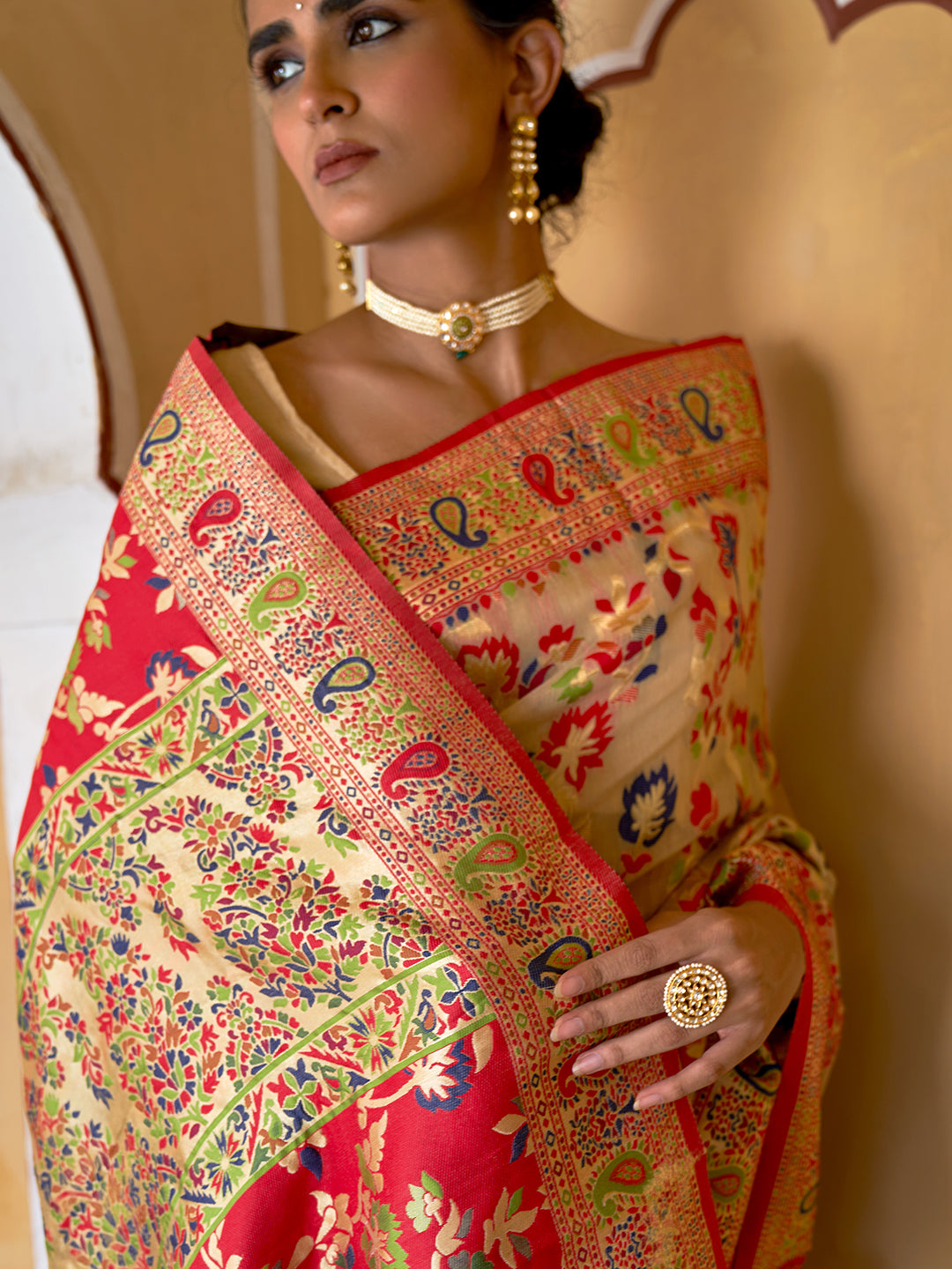 Beige Chanderi Silk Pashmina Saree with Unstitched Blouse Piece